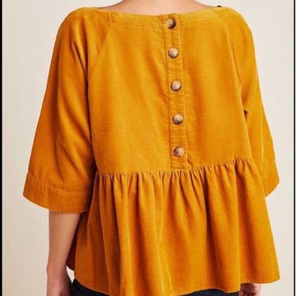 Maeve By Anthropologie NWT Maria Top Babydoll Corduroy Peplum Mustard Size Small - Picture 2 of 8